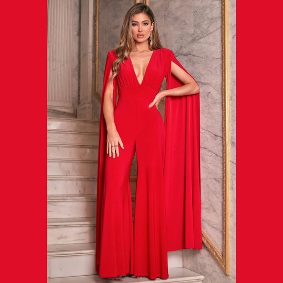Club L London Pants - Club L London Red Plunge Front Cape Jumpsuit Size 4 NWT
